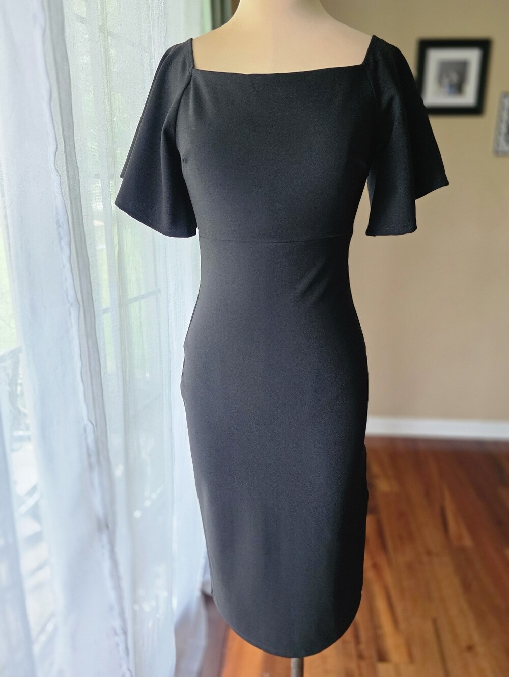 Soprano Black Midi Dress M Square Neck Flutter Sleeve Cocktail Wedding Guest
